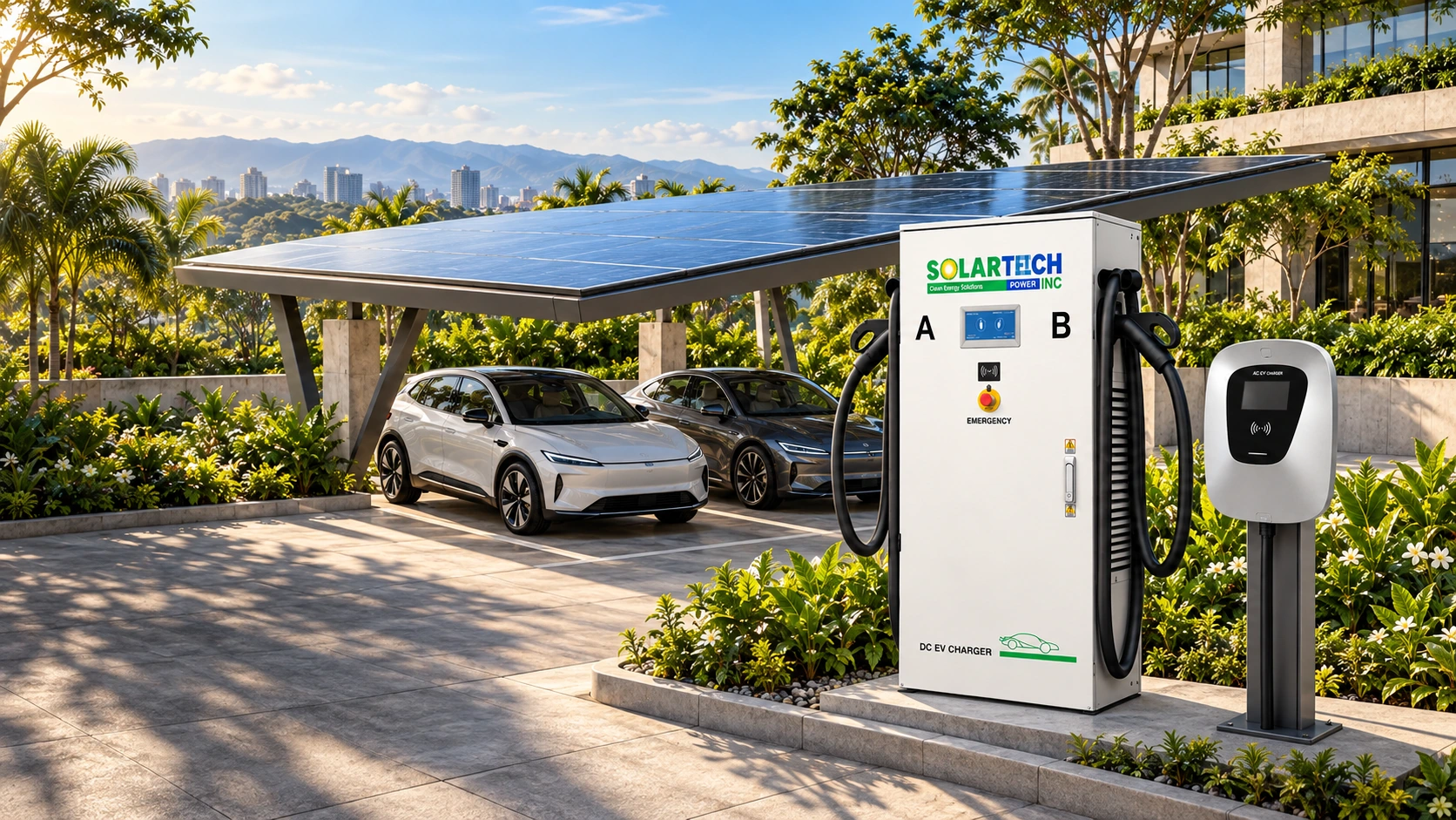 Solartech SSJ4 DC charger and silver AC charger showcased in front of a solar-powered carport